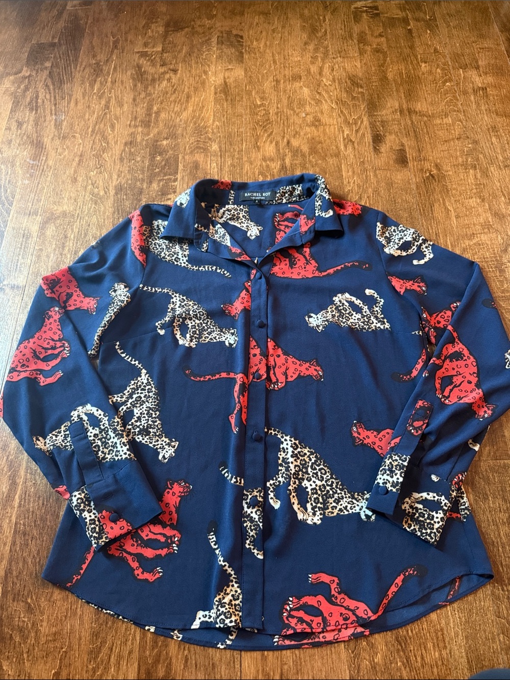 RACHEL Rachel Roy Navy Blouse with Red & Leopard Spot Accents